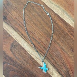 Western Silver Toned and Turquoise Chip Screaming Eagle Pendant Necklace